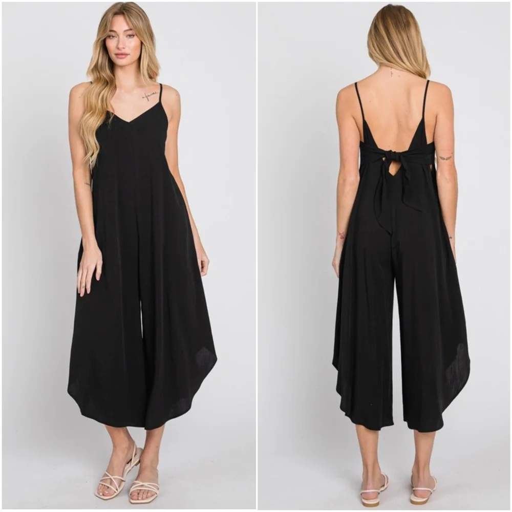 063 Solid Back Tie Cut out Wide Leg Cami Jumpsuit - Picture 5 of 5